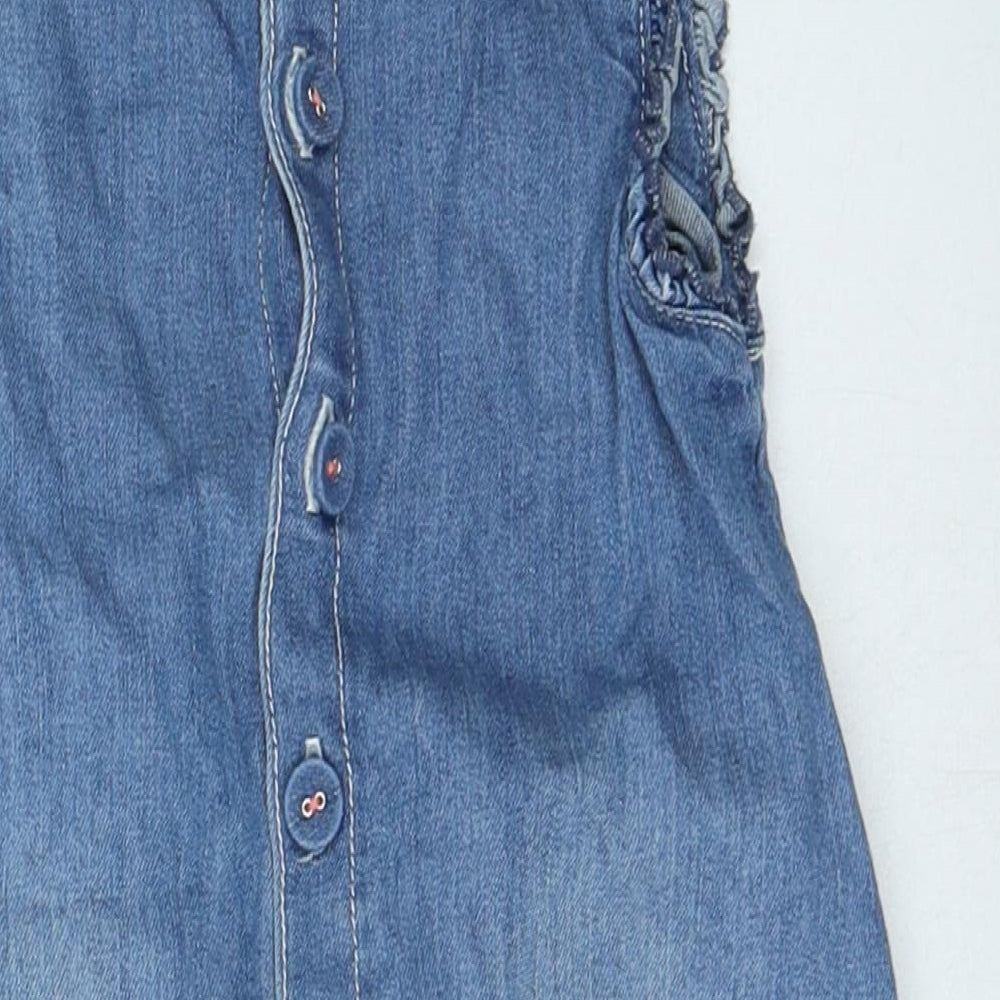 Marks and Spencer Girls Blue Cotton Pinafore/Dungaree Dress Size 12-18 Months Round Neck Button - =