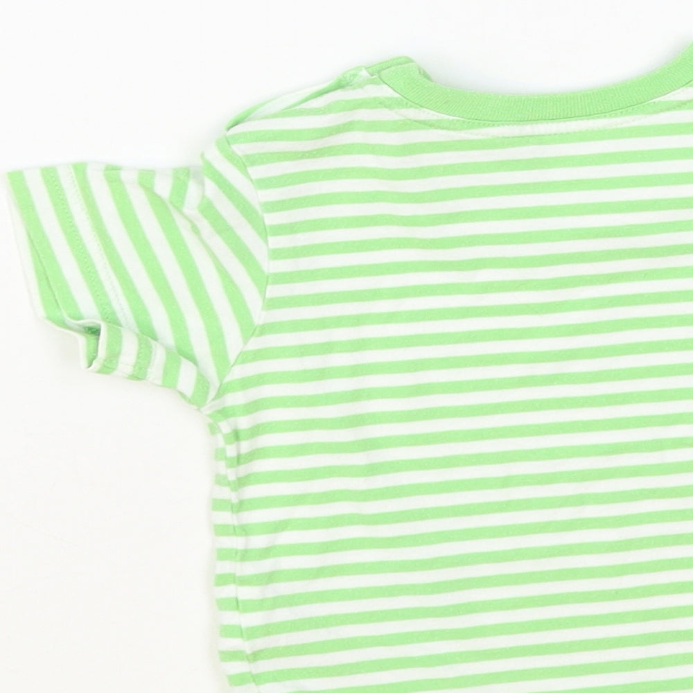 Marks and Spencer Baby Green Striped Cotton Basic T-Shirt Size 9-12 Months Crew Neck Button