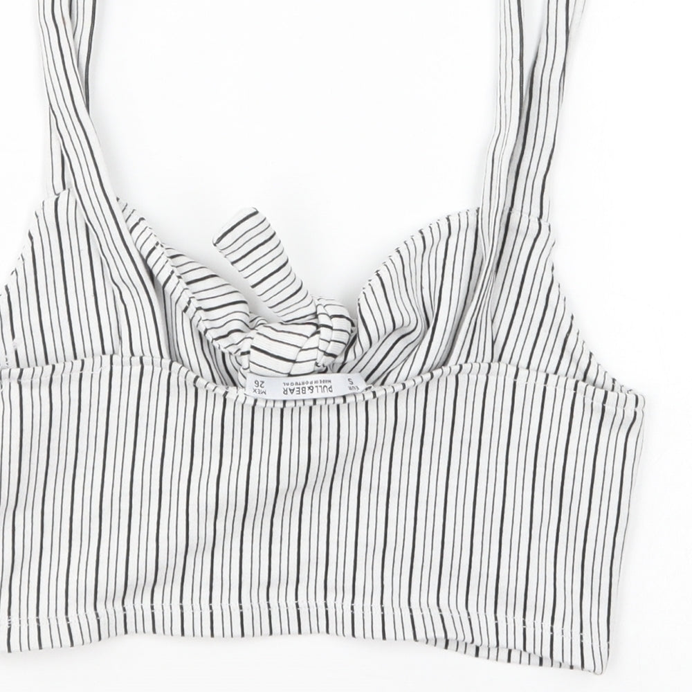 Pull&Bear Womens Black Striped Viscose Cropped T-Shirt Size S Sweetheart