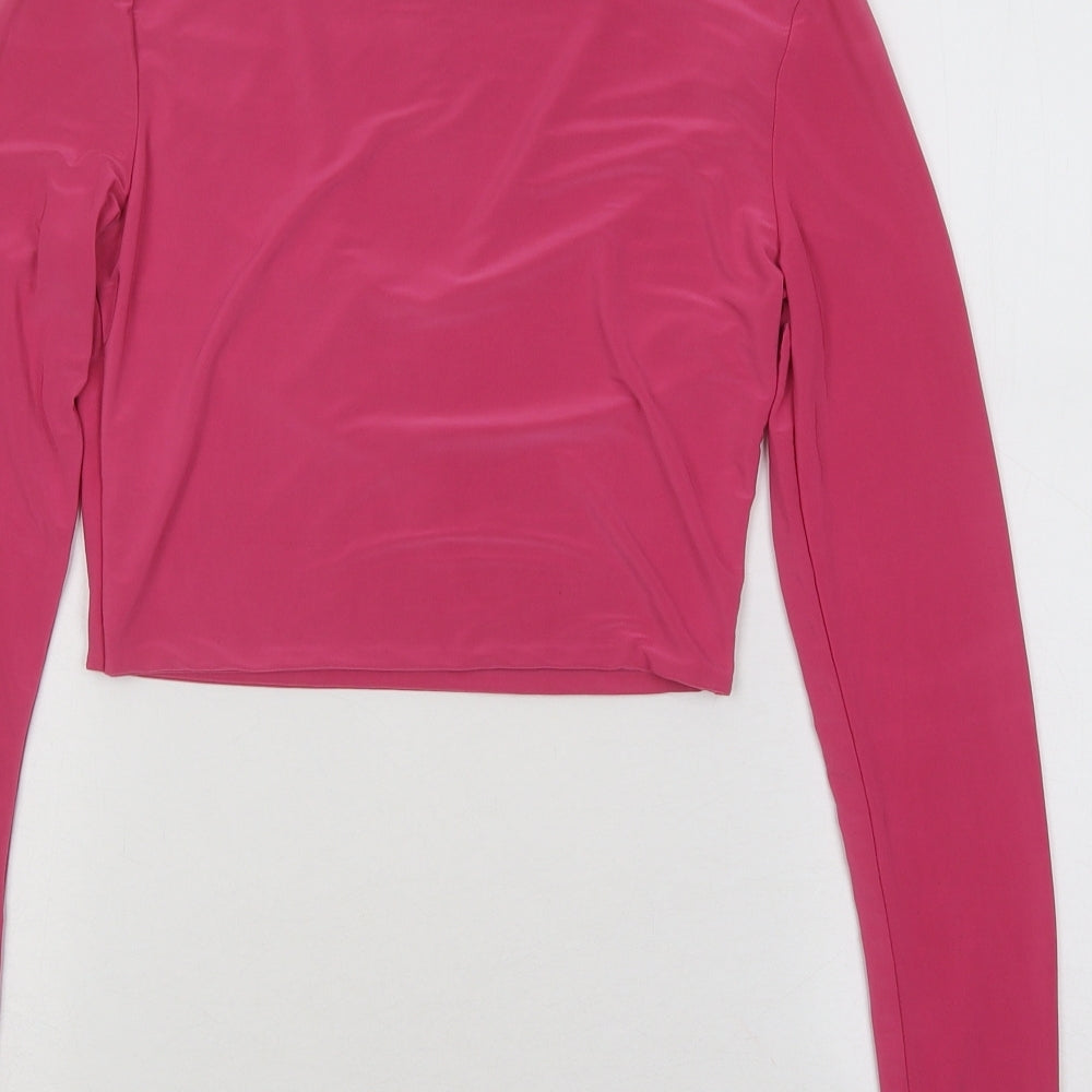 PRETTYLITTLETHING Womens Pink Polyester Cropped T-Shirt Size 8 Scoop Neck