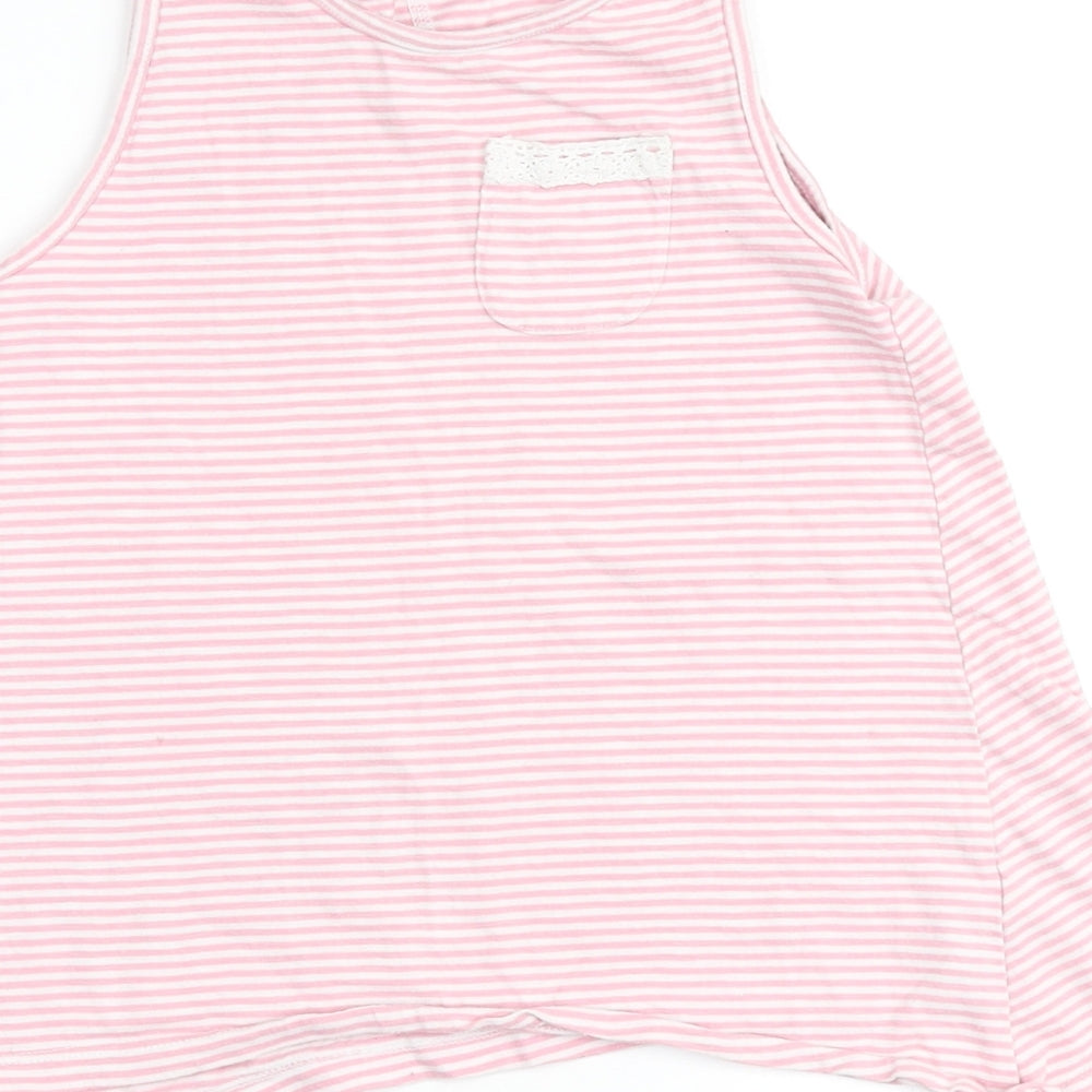 I love Girlswear Girls Pink Striped Cotton Basic Tank Size 7 Years Round Neck - Pocket Detail with lace