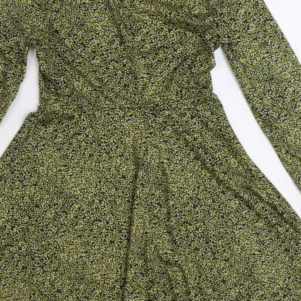 Primark Womens Green Floral Cotton Skater Dress Size 2XS Round Neck Pullover