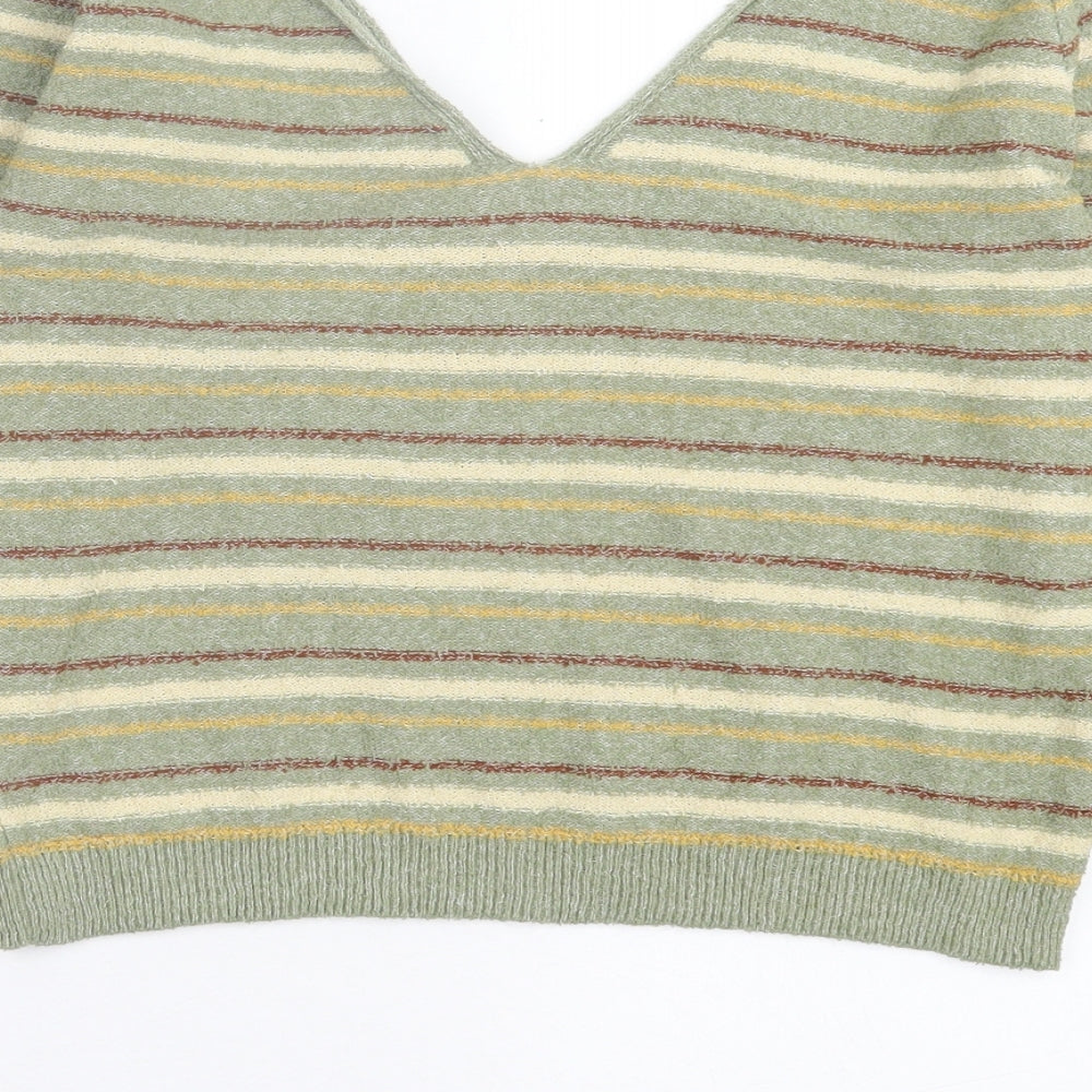 Pull&Bear Womens Green V-Neck Striped Polyester Pullover Jumper Size S