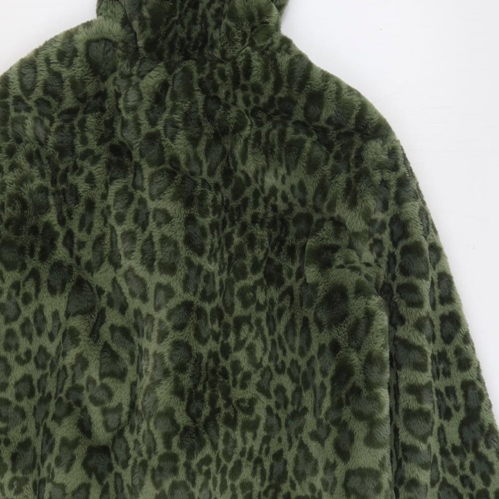 Marks and Spencer Womens Green Animal Print Jacket Size 10 Zip - Leopard Print Faux Fur