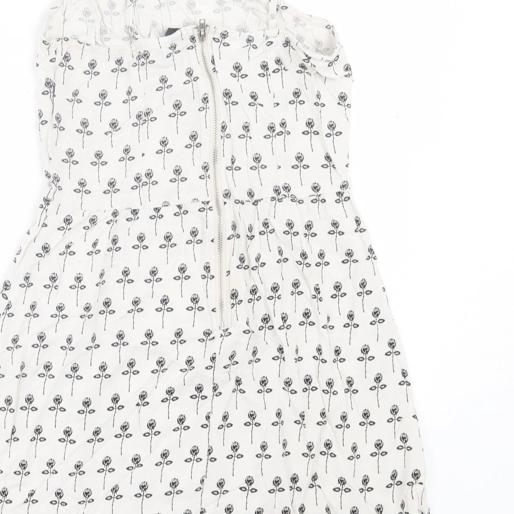 H&M Womens White Floral Viscose A-Line Size 8 Scoop Neck Zip