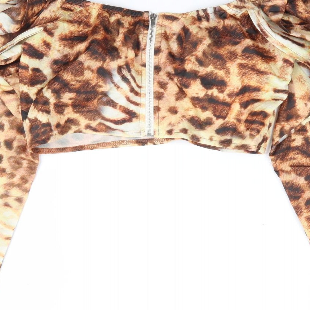 PRETTYLITTLETHING Womens Brown Animal Print Polyester Cropped Blouse Size 8 Boat Neck - Leopard Print