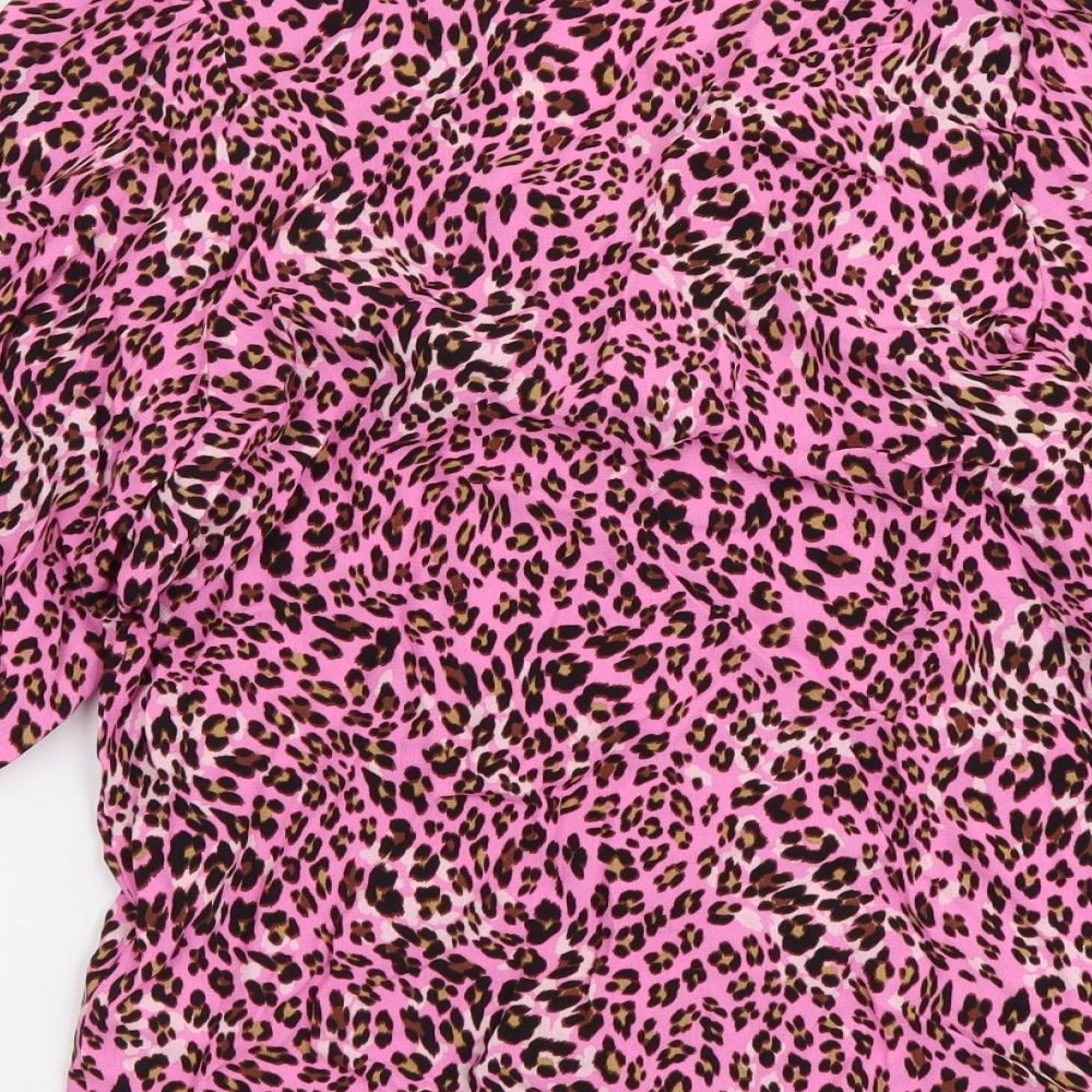 Marks and Spencer Womens Pink Animal Print Polyester Basic Button-Up Size 8 V-Neck - Leopard pattern