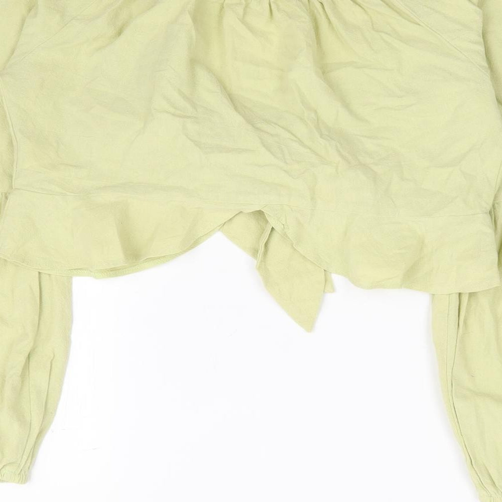 Topshop Womens Green 100% Cotton Cropped Blouse Size 8 V-Neck