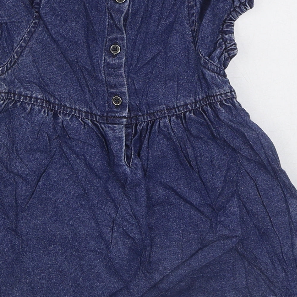 NEXT Girls Blue 100% Cotton Skater Dress Size 6-9 Months Round Neck Snap
