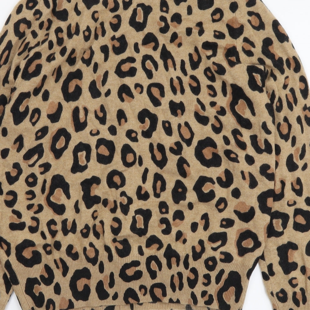 Marks and Spencer Womens Brown Round Neck Animal Print Cashmere Cardigan Jumper Size 14 - Leopard pattern