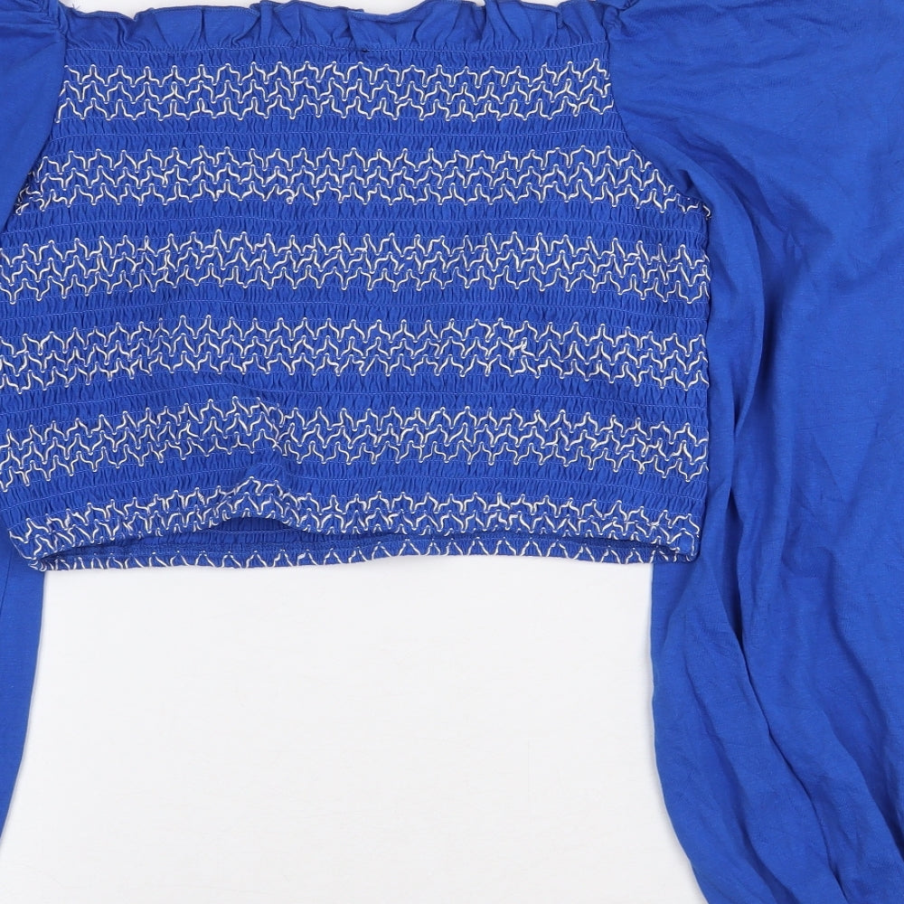 ASOS Womens Blue Geometric Cotton Cropped Blouse Size 16 Square Neck - Balloon Sleeves