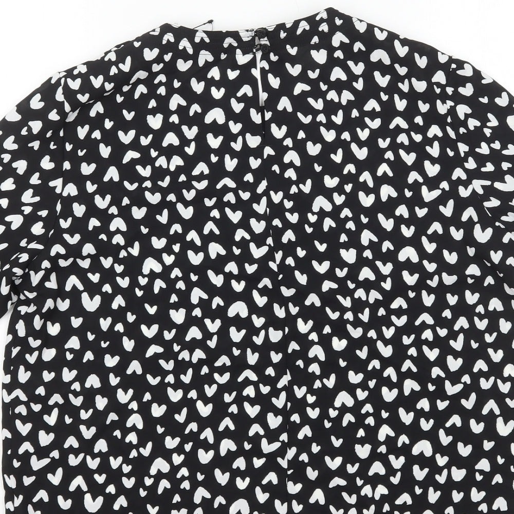 Marks and Spencer Womens Black Geometric Polyester Basic T-Shirt Size 10 Round Neck - Hearts