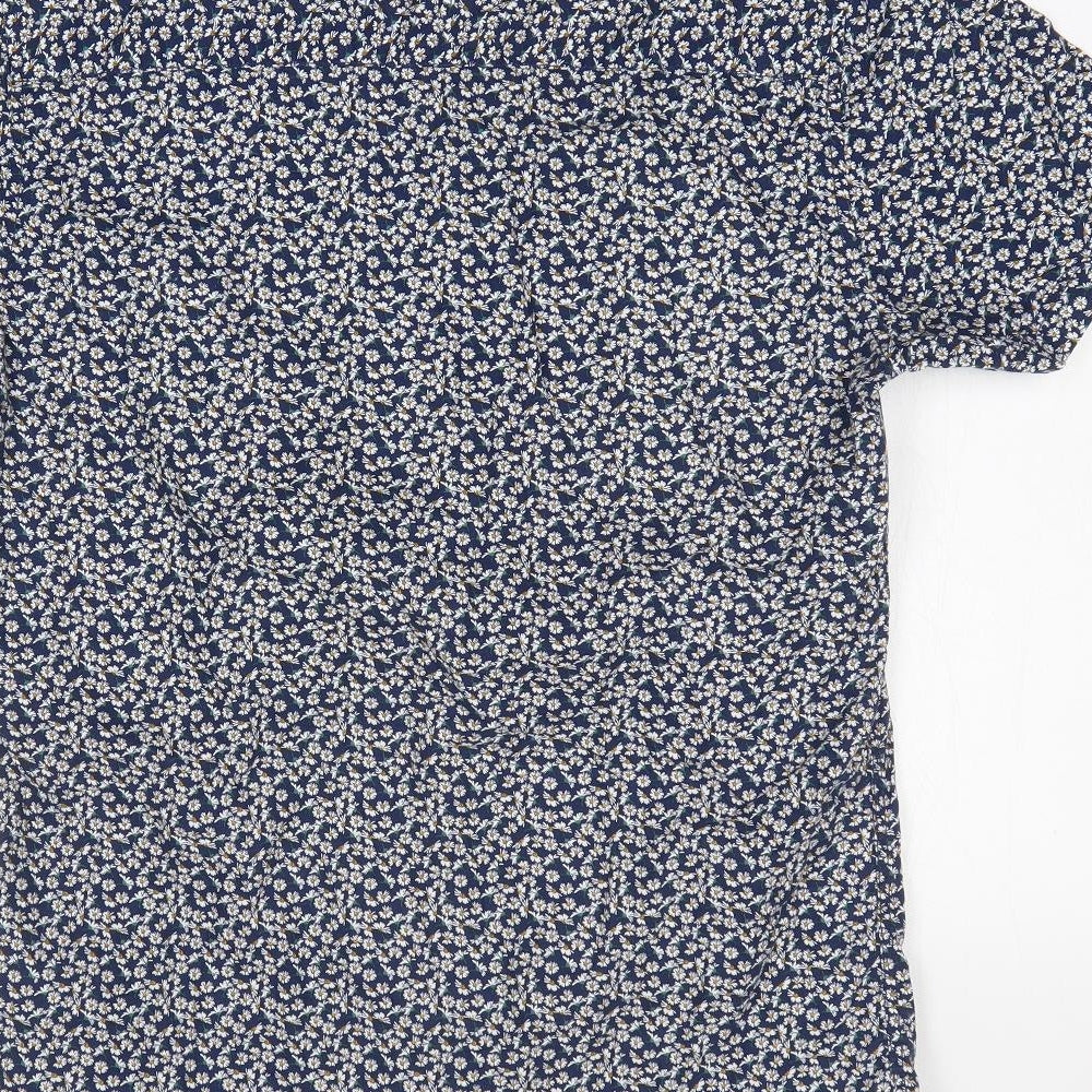 Easy Mens Blue Floral Cotton Button-Up Size S Collared Button