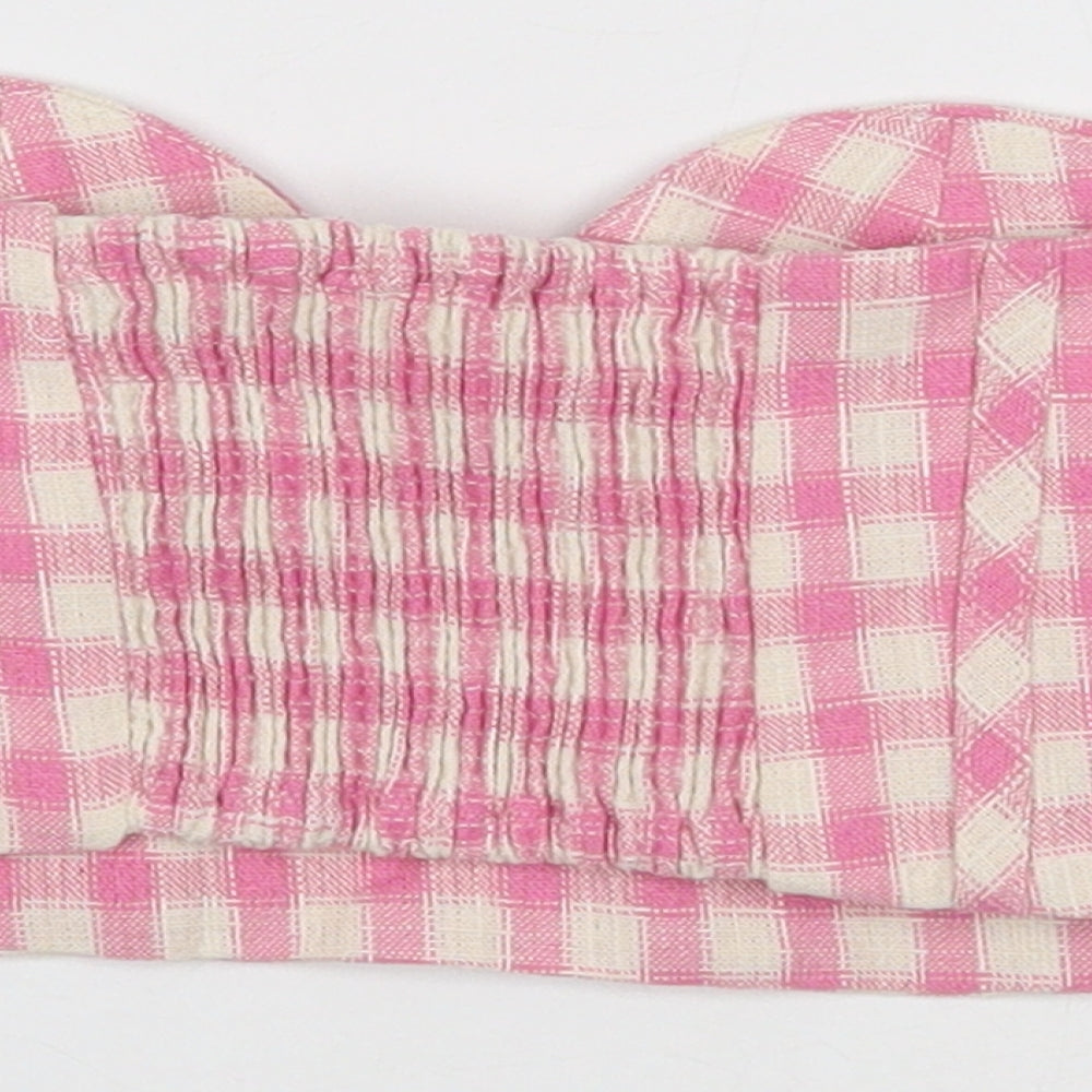 Zara Womens Pink Geometric Cotton Cropped Tank Size 4XL Off the Shoulder - Shirred detail at the back