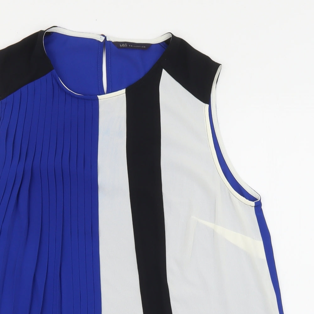 Marks and Spencer Womens Blue Geometric Polyester Basic Tank Size 12 Round Neck - Pleated front detail