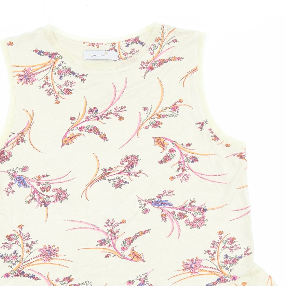 Marks and Spencer Womens Beige Floral 100% Cotton Basic Tank Size 8 Boat Neck