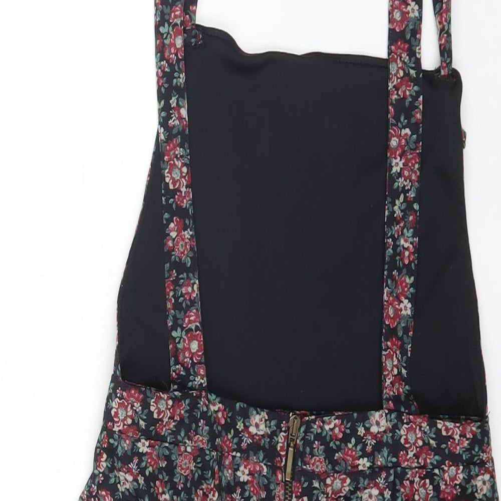 Bershka Womens Black Floral Polyester Pinafore/Dungaree Dress Size XS Scoop Neck Zip