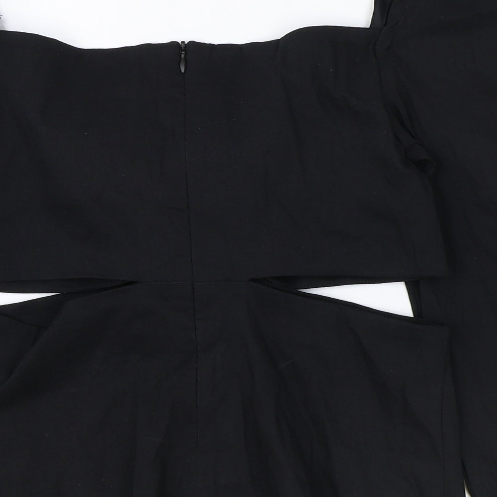 Zara Womens Black Linen Cropped Blouse Size S V-Neck - Cut Out Side Detail