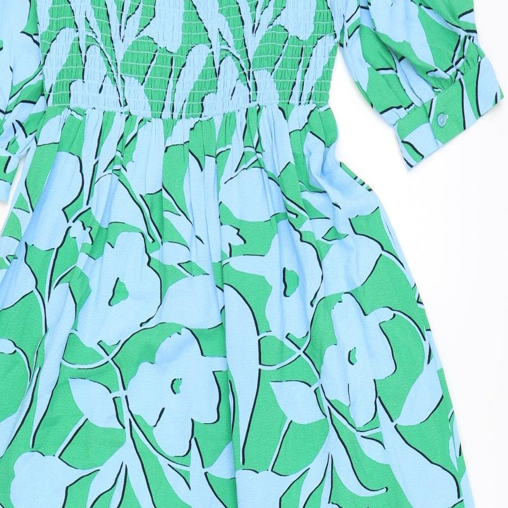 Marks and Spencer Womens Blue Geometric Viscose A-Line Size 10 Square Neck - Shirred Top