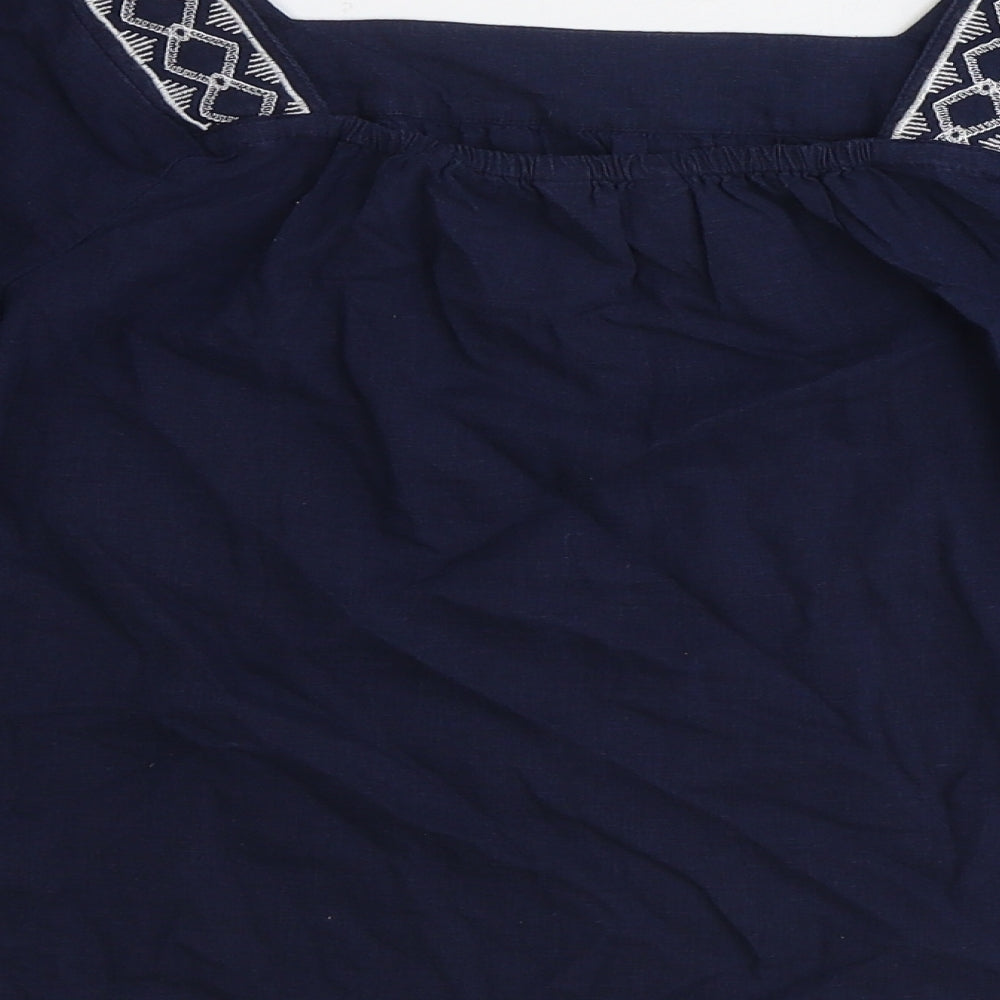 Marks and Spencer Womens Blue Geometric Flax Basic T-Shirt Size 6 Square Neck
