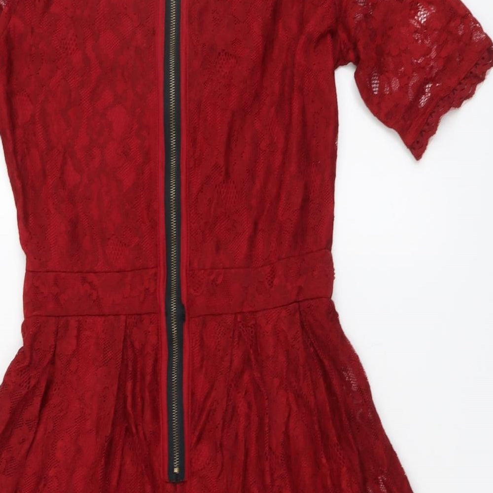 Yumi Womens Red Floral Polyester Fit & Flare Size 8 Round Neck Zip