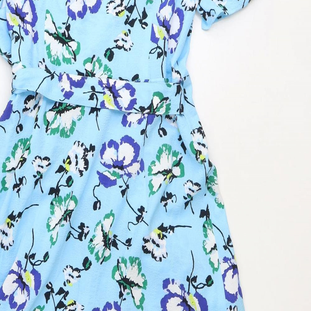 Marks and Spencer Womens Blue Floral Polyester Wrap Dress Size 10 V-Neck Zip