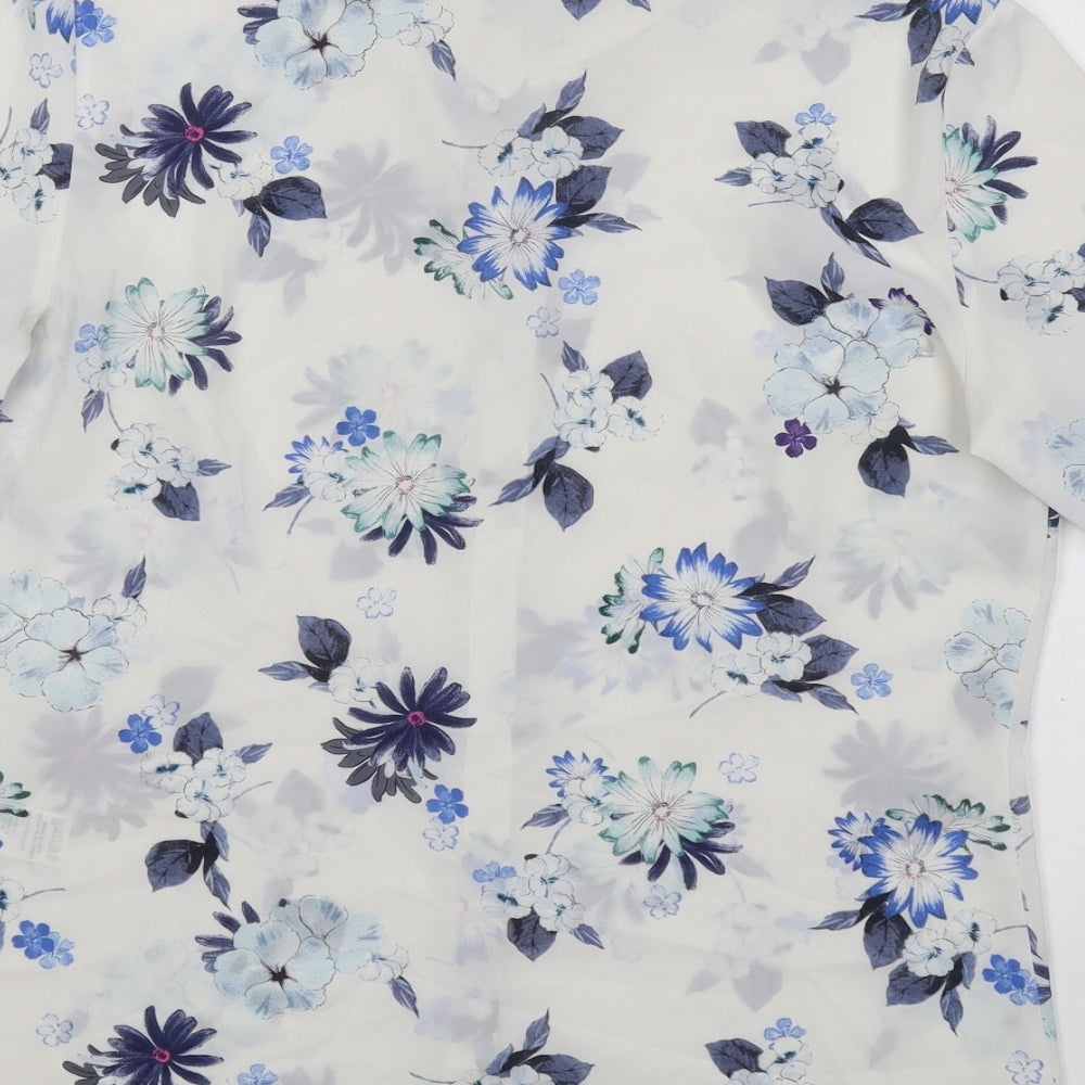 Marks and Spencer Womens White Floral Polyester Basic Button-Up Size S Collared