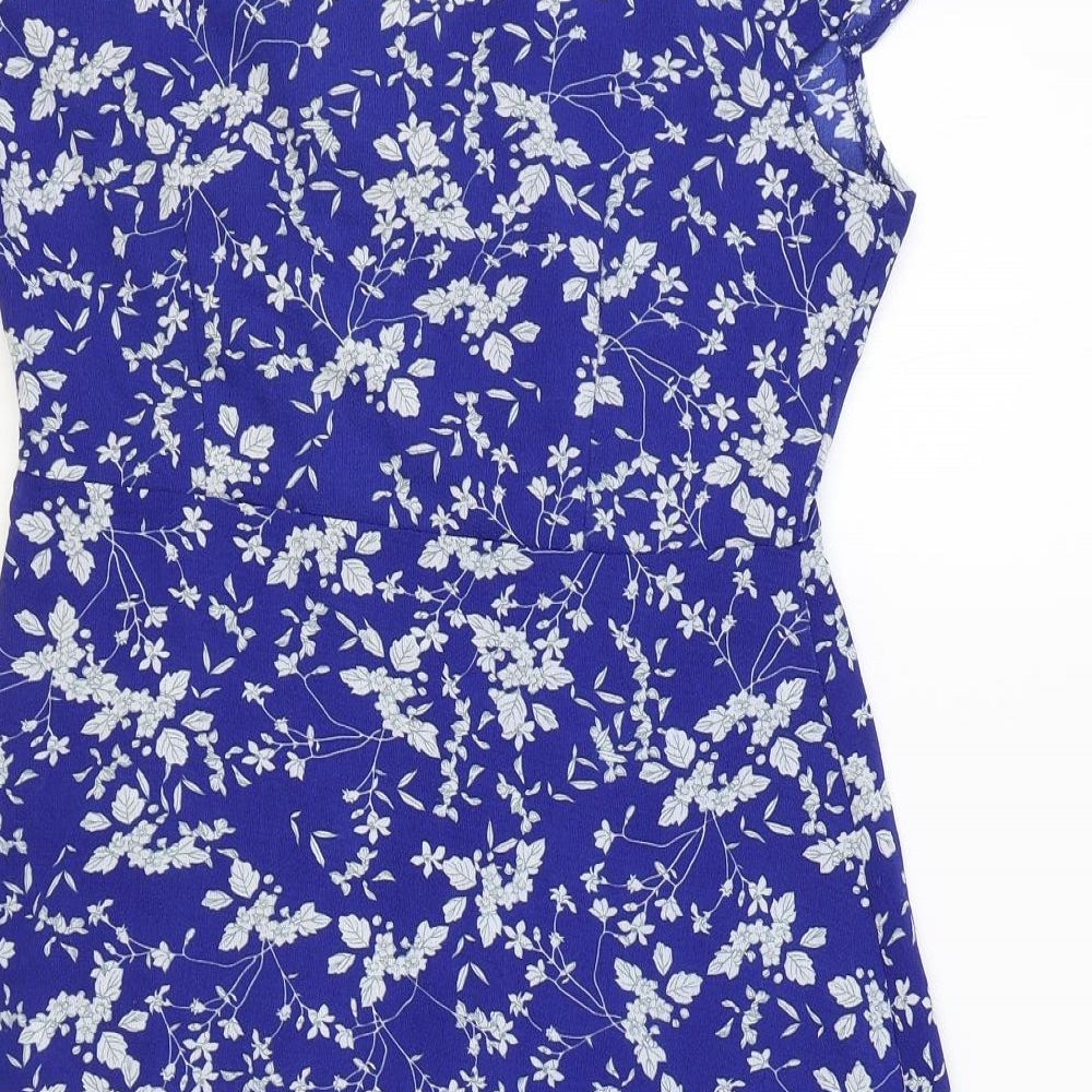 Quiz Womens Blue Floral Polyester Wrap Dress Size 10 V-Neck Zip