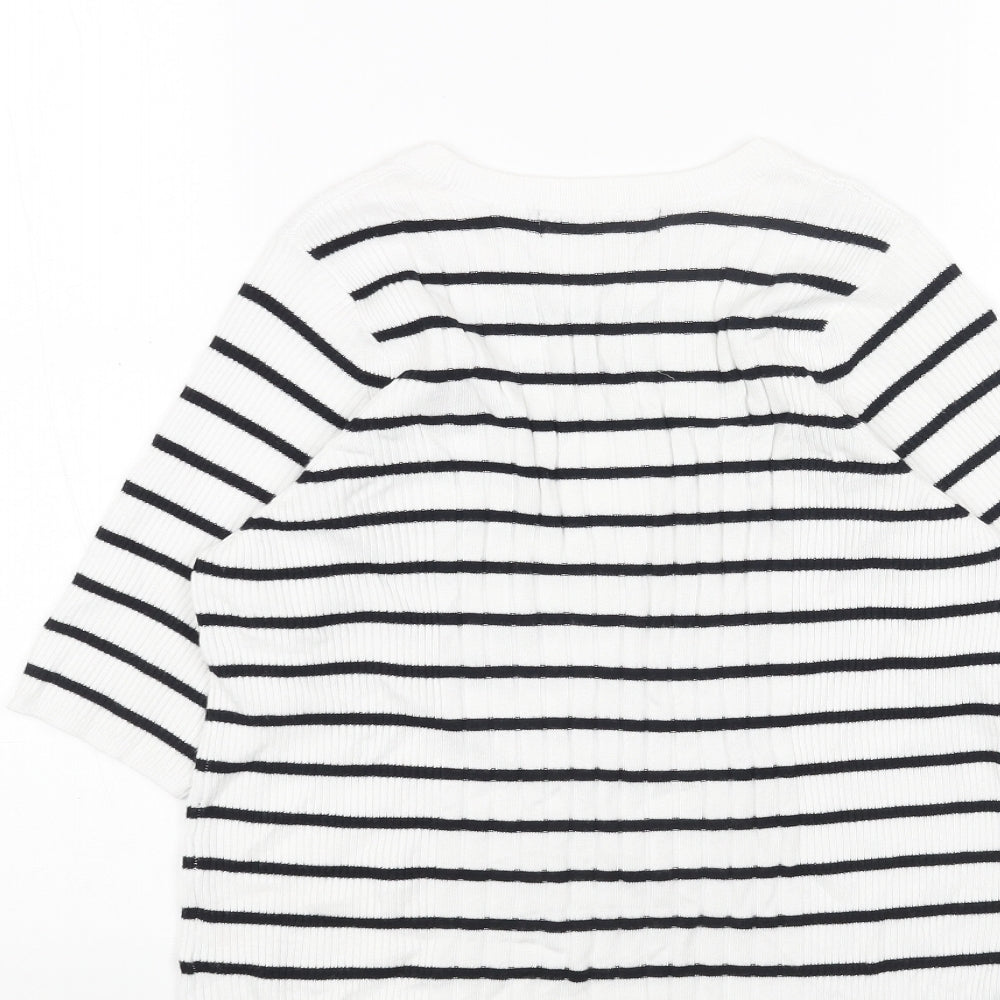 Marks and Spencer Womens White Scoop Neck Striped Cotton Pullover Jumper Size M - Ribbed