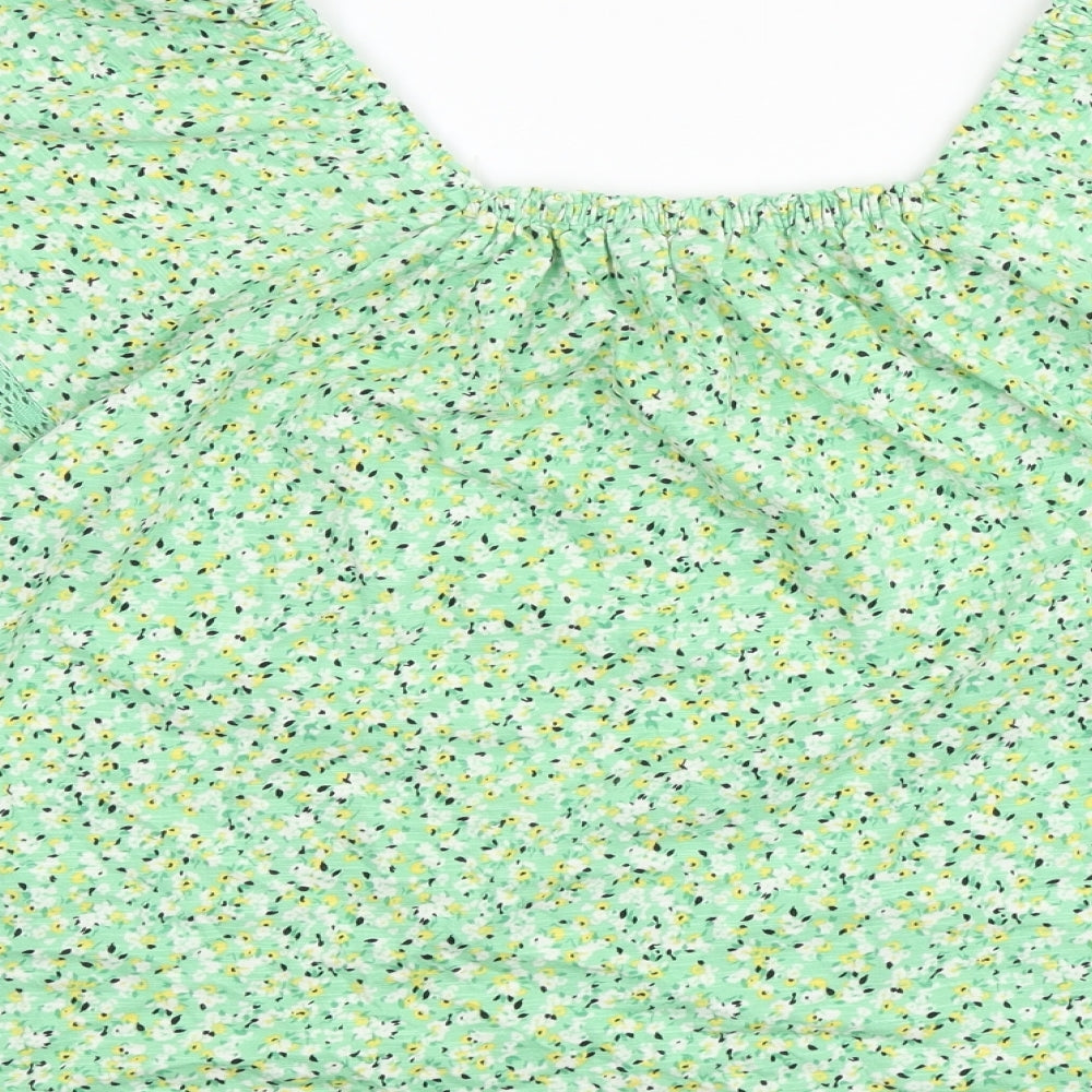 Marks and Spencer Womens Green Floral Viscose Cropped Blouse Size 16 Round Neck