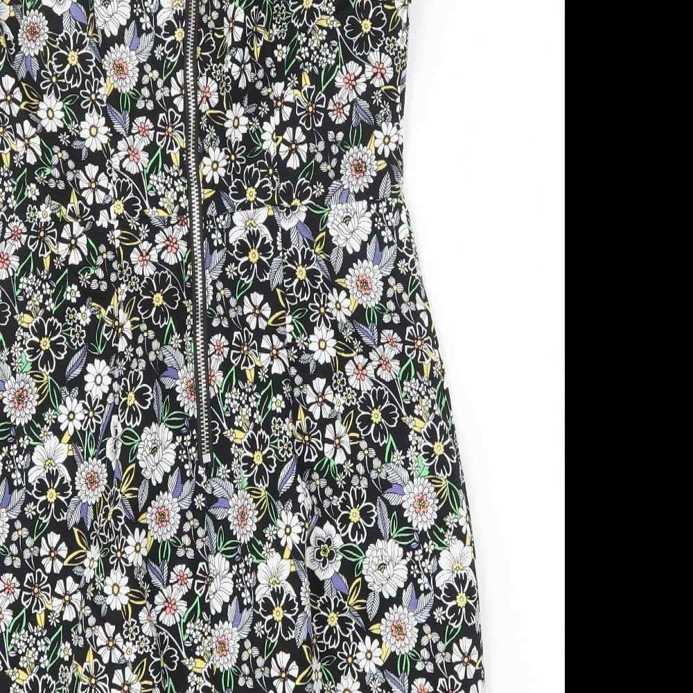 New Look Womens Black Floral 100% Cotton Mini Size 10 V-Neck Zip