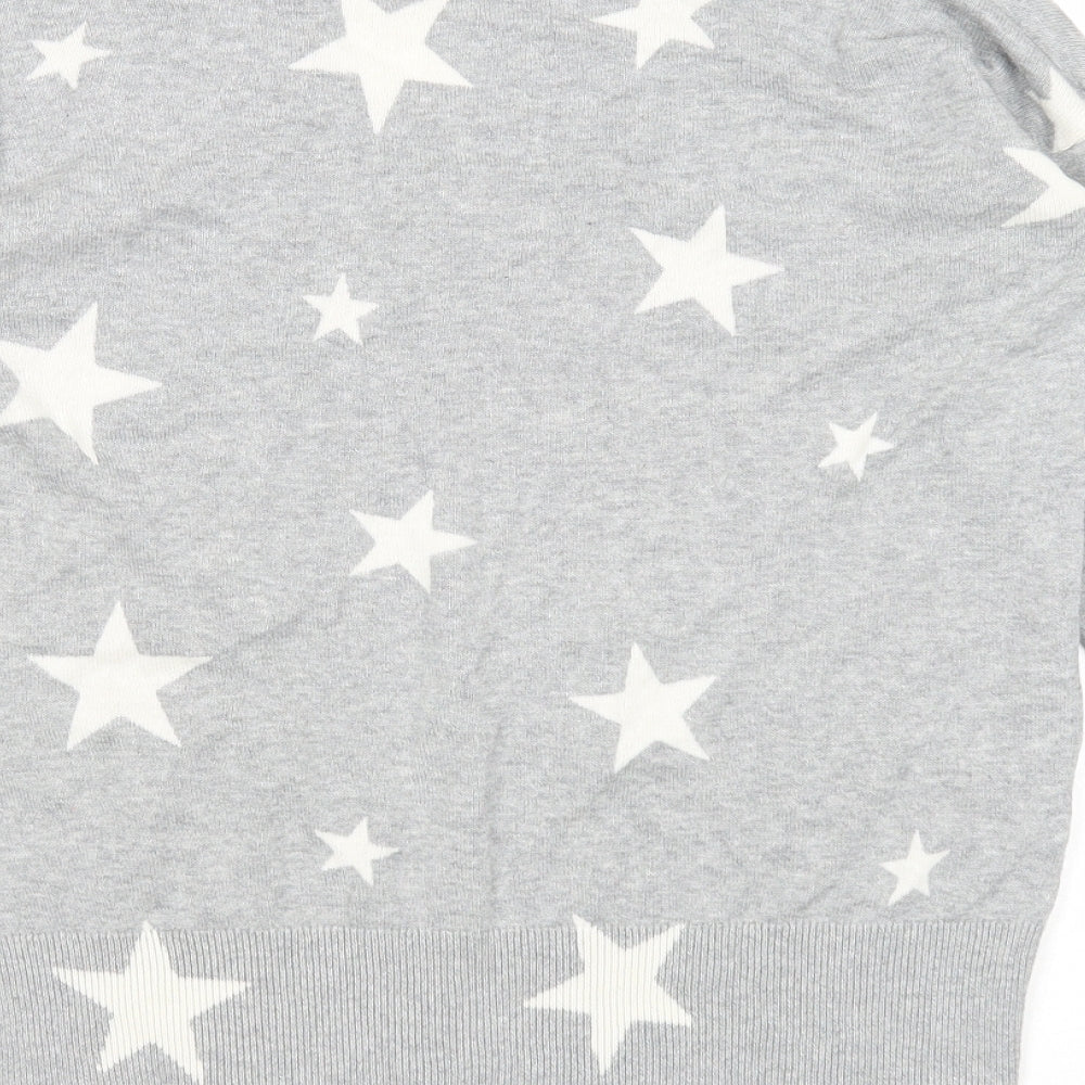 Marks and Spencer Womens Grey V-Neck Geometric Cotton Pullover Jumper Size S - Stars