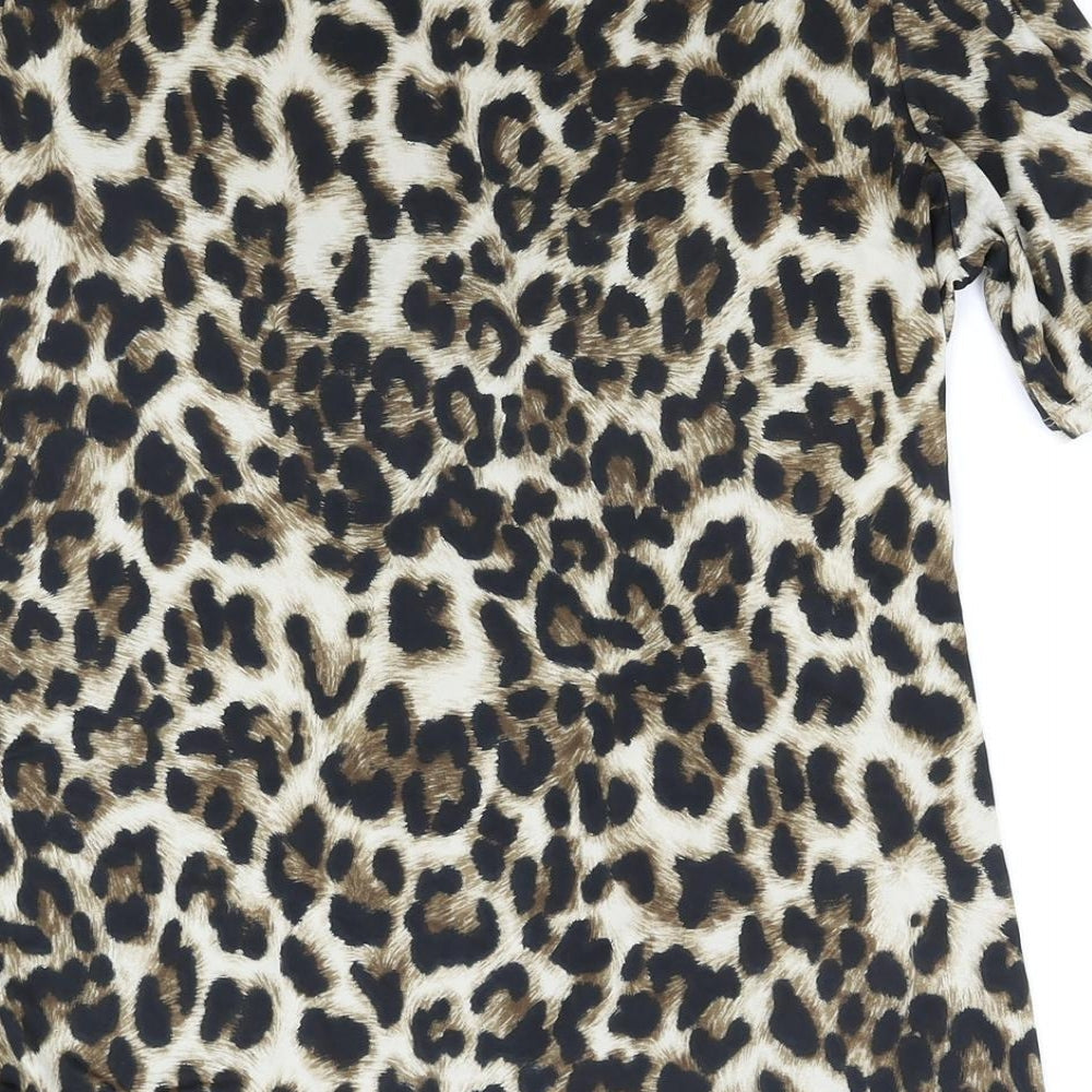 Classic Womens Brown Animal Print Polyester Basic T-Shirt Size 12 Round Neck - Leopard Print