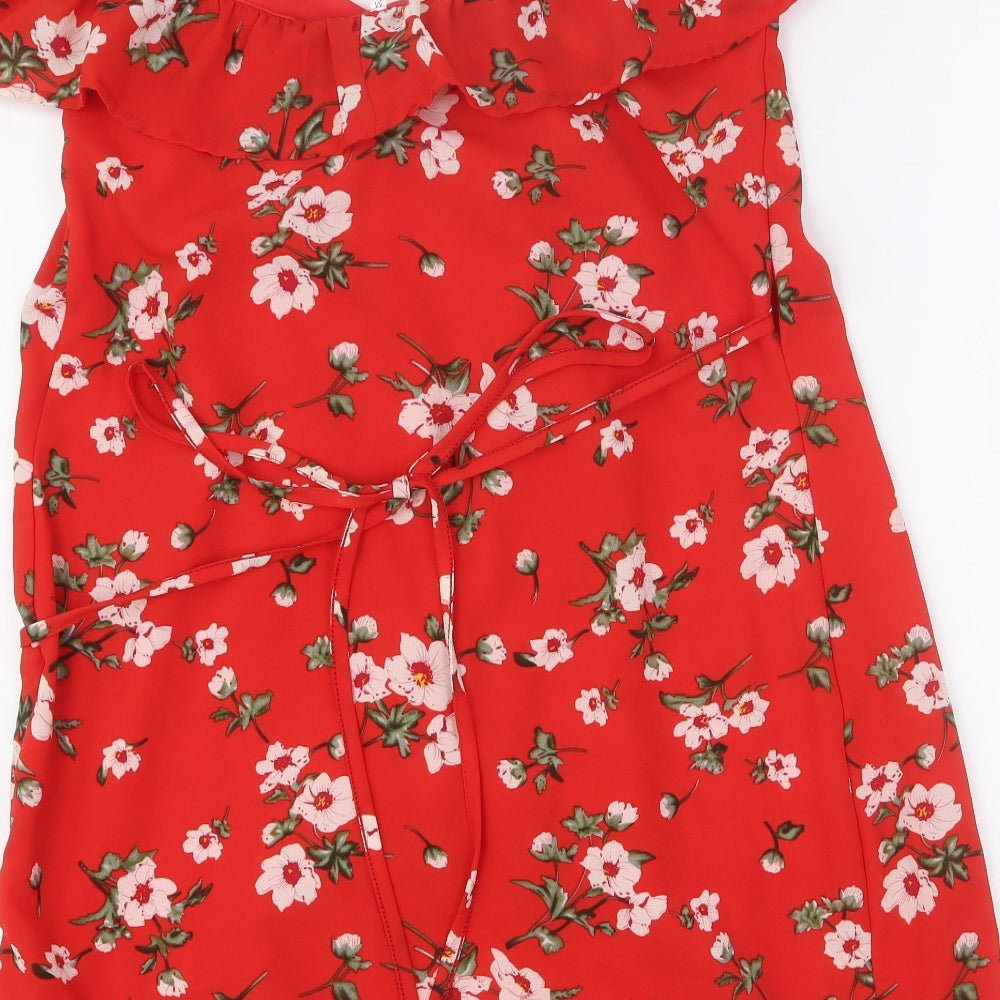 Preworn Womens Red Floral Polyester Blend Fit & Flare Size M V-Neck Drawstring