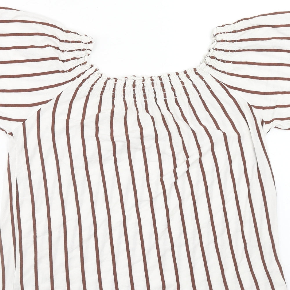 New Look Womens White Striped Cotton Basic Blouse Size 8 Round Neck