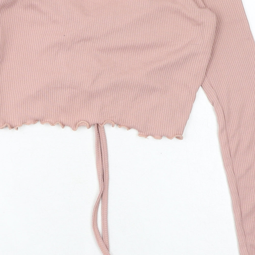 PRETTYLITTLETHING Womens Pink Polyester Cropped T-Shirt Size 6 Off the Shoulder - Ruched Front