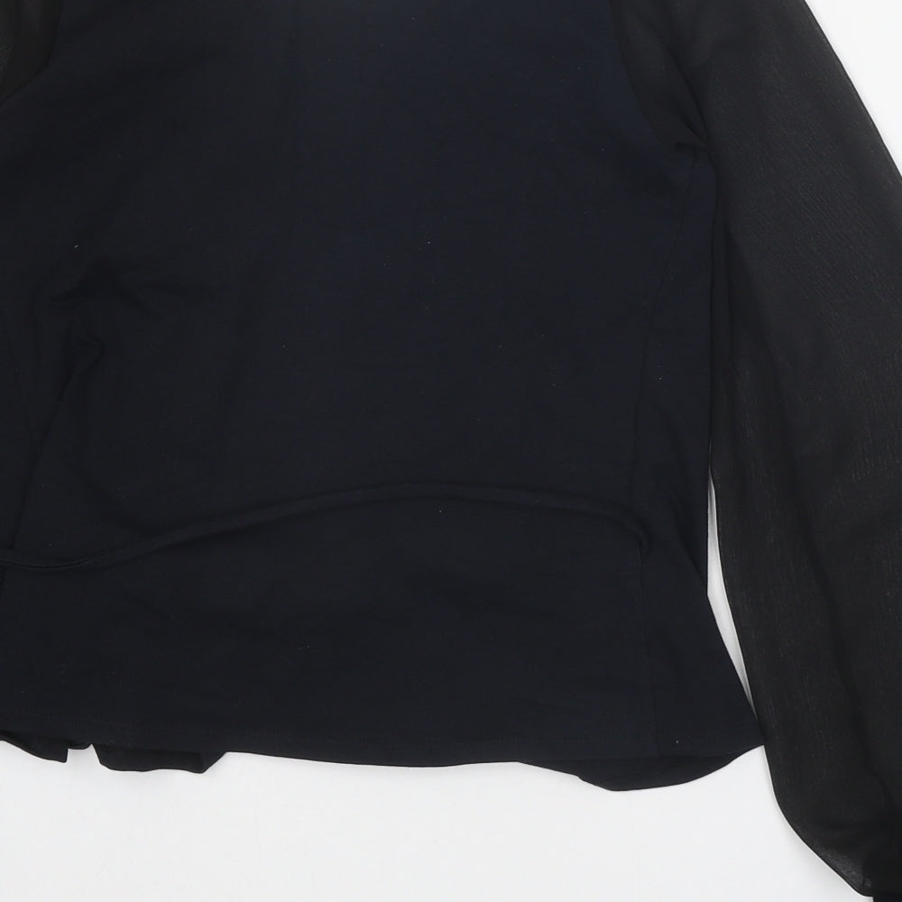 Manners London Womens Black Cotton Wrap Blouse Size M V-Neck - Chiffon Sleeves