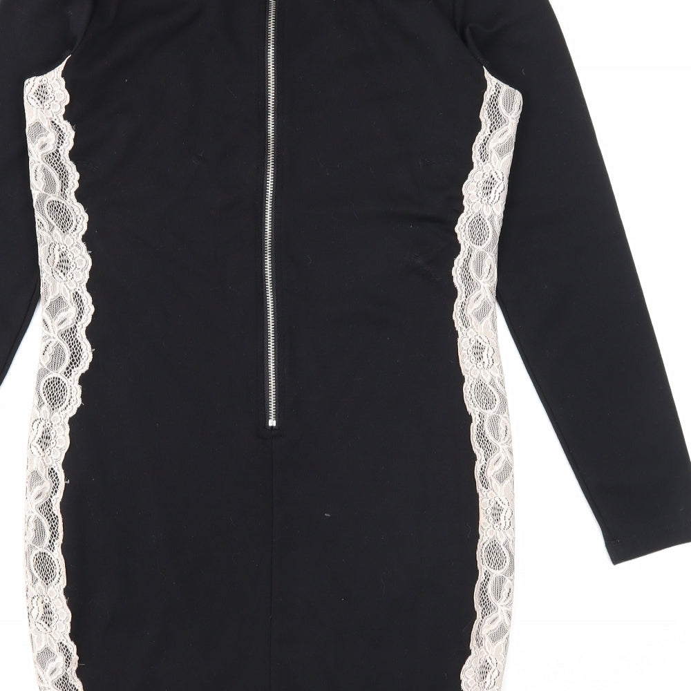 Love Label Womens Black Polyester Pencil Dress Size 12 Round Neck Zip - Lace Overlay
