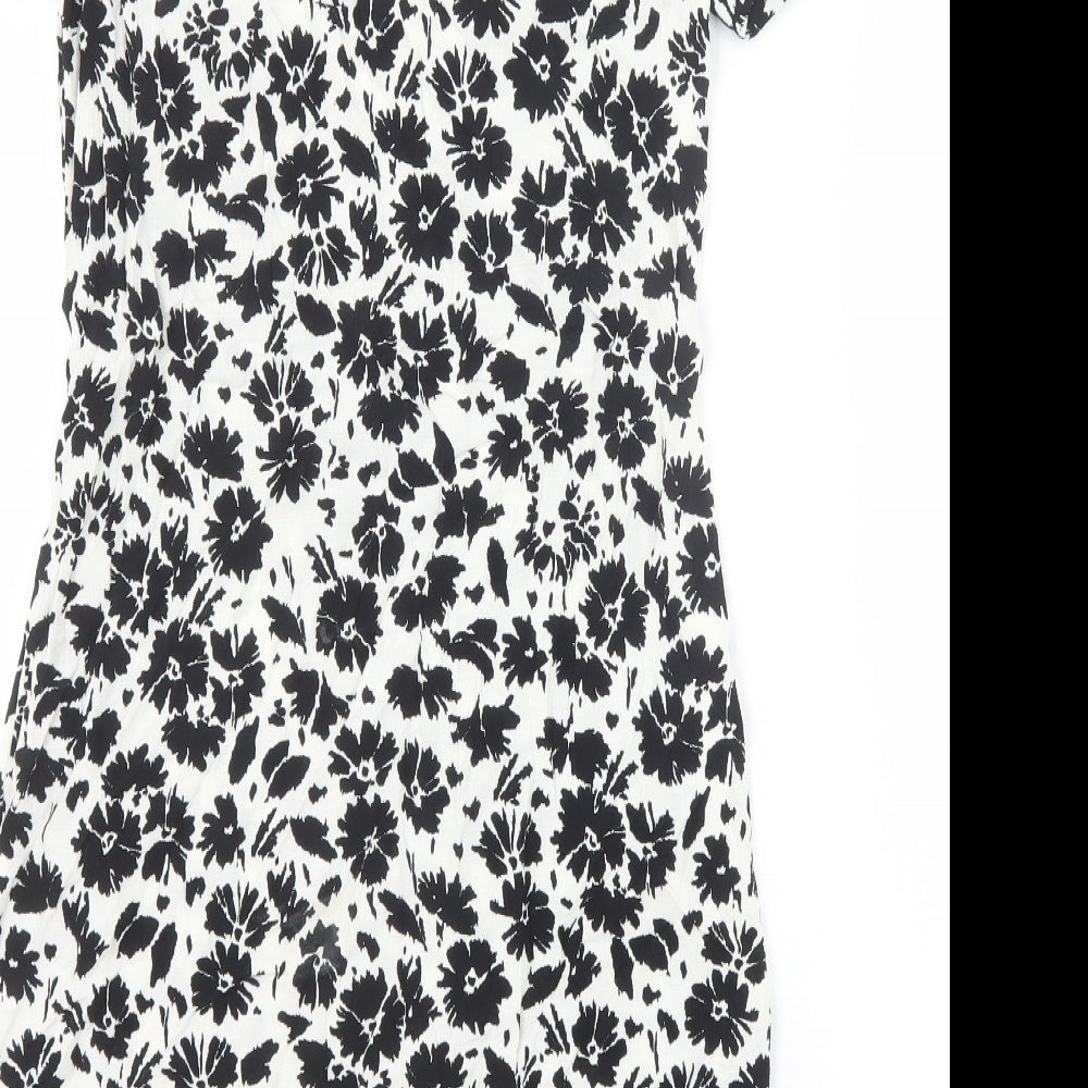 Marks and Spencer Womens Black Floral Viscose A-Line Size 8 Scoop Neck Zip