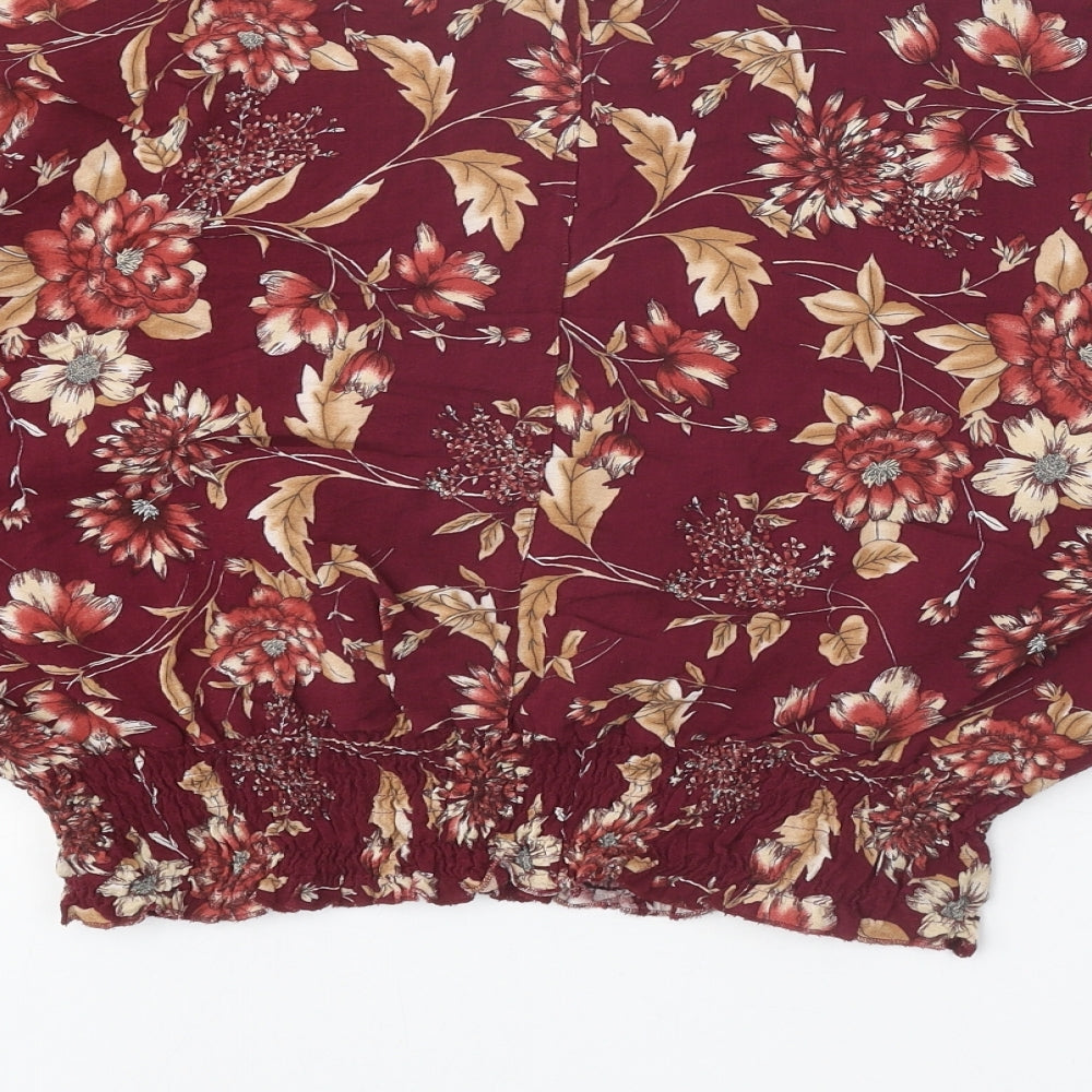 Marks and Spencer Womens Red Floral Viscose Basic Blouse Size 14 Round Neck