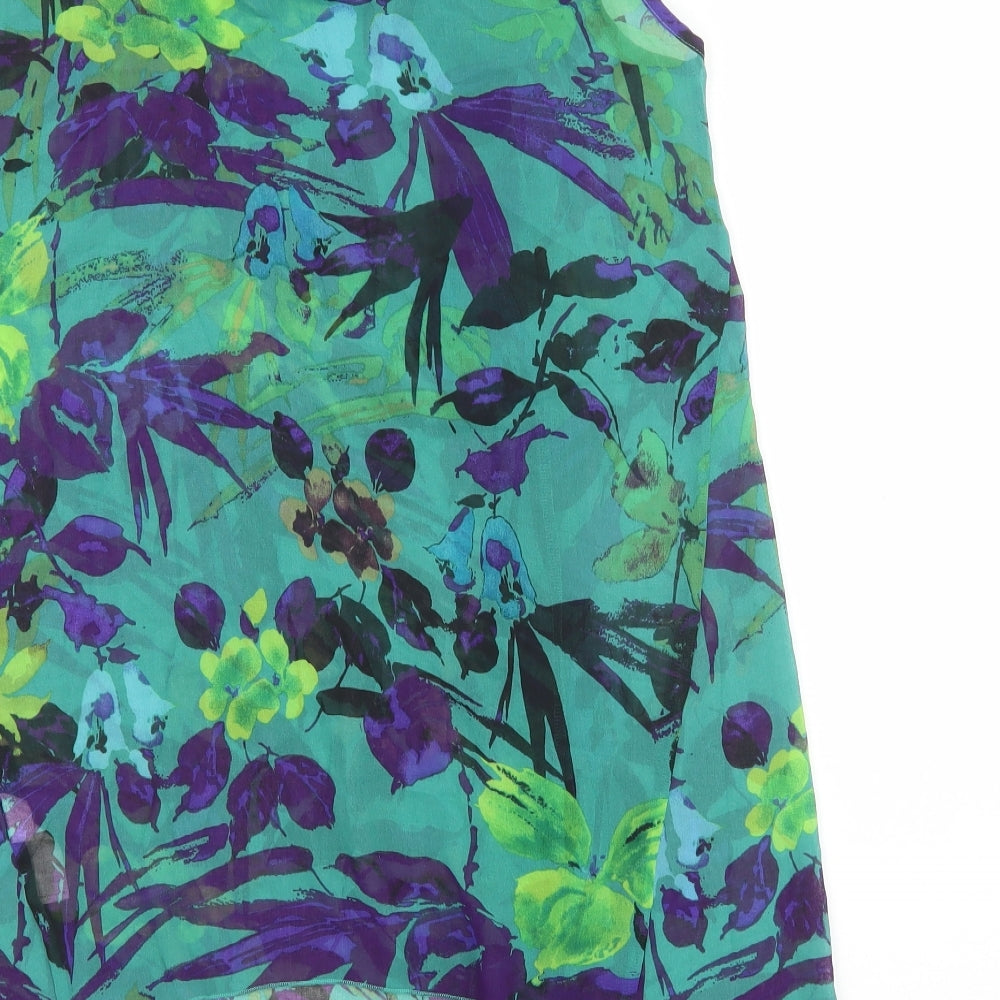 Marks and Spencer Womens Green Floral Polyester Tunic Blouse Size 12 Scoop Neck - Hanky Hem