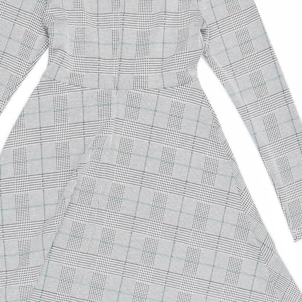 Marks and Spencer Womens White Plaid Polyester Fit & Flare Size 8 Round Neck Zip