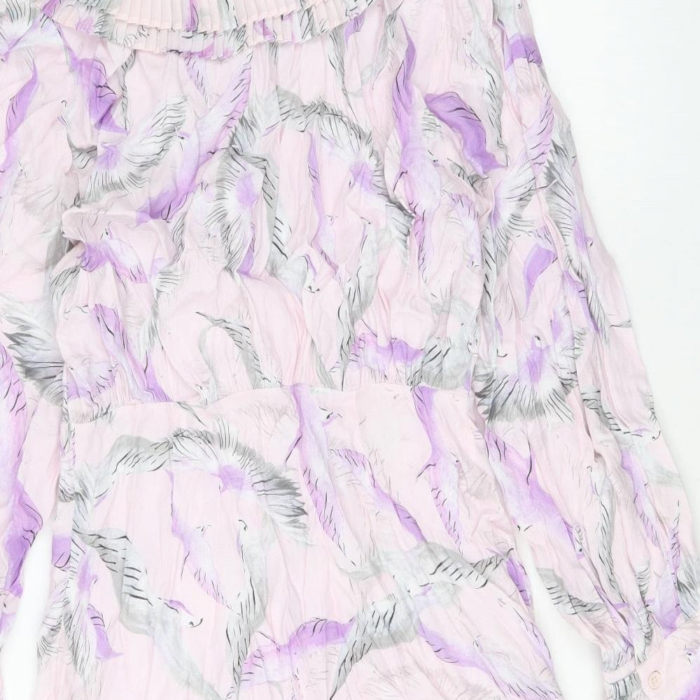 H&M Womens Pink Geometric Viscose Shirt Dress Size 10 Collared Button - Crane Print, Pleated Peter Pan Collar
