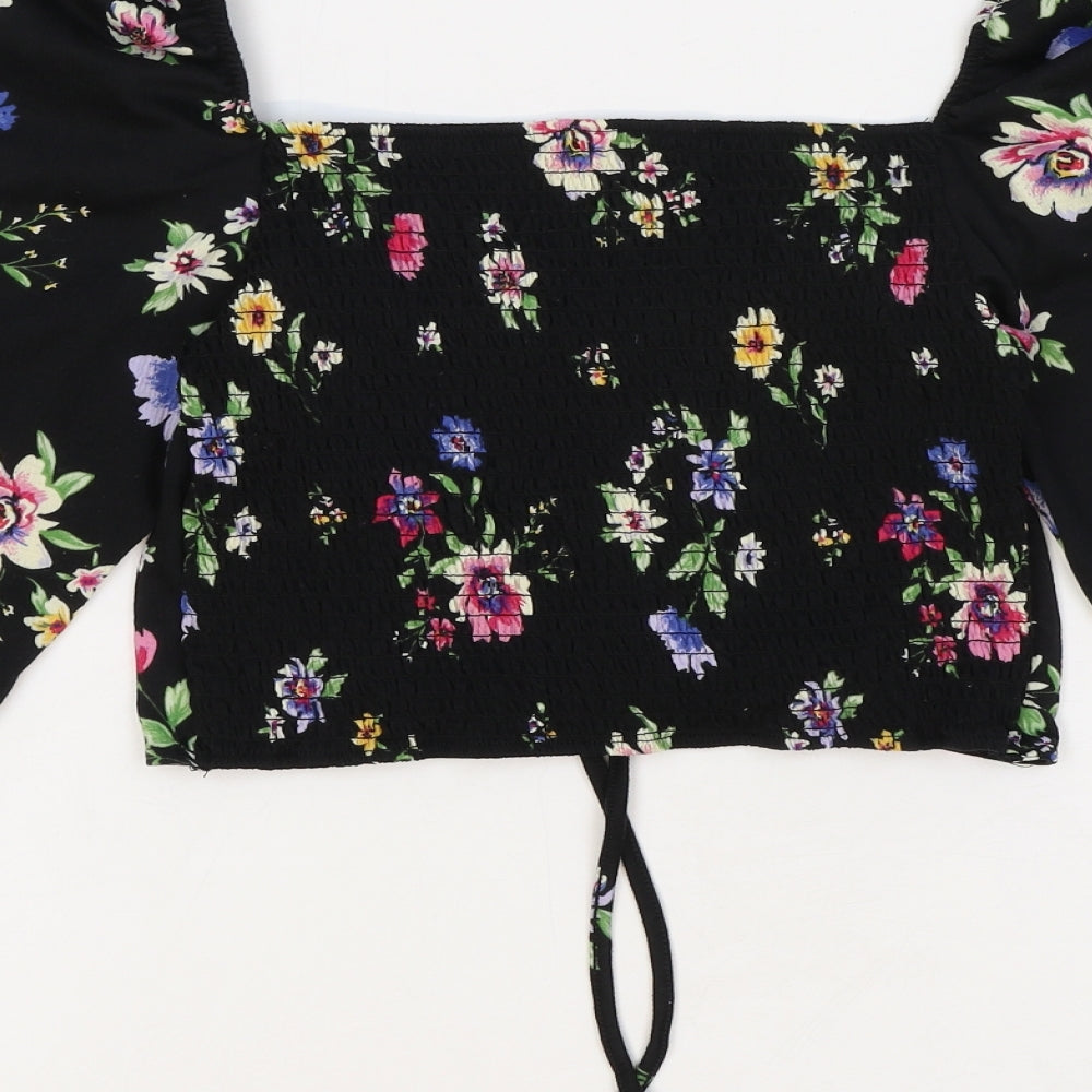 Preworn Womens Black Floral Polyester Cropped Blouse Size M Sweetheart - Front Ruched