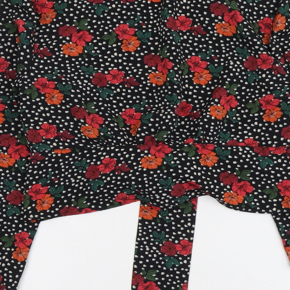 Topshop Womens Black Floral Polyester Basic Blouse Size 10 V-Neck - Knot Front