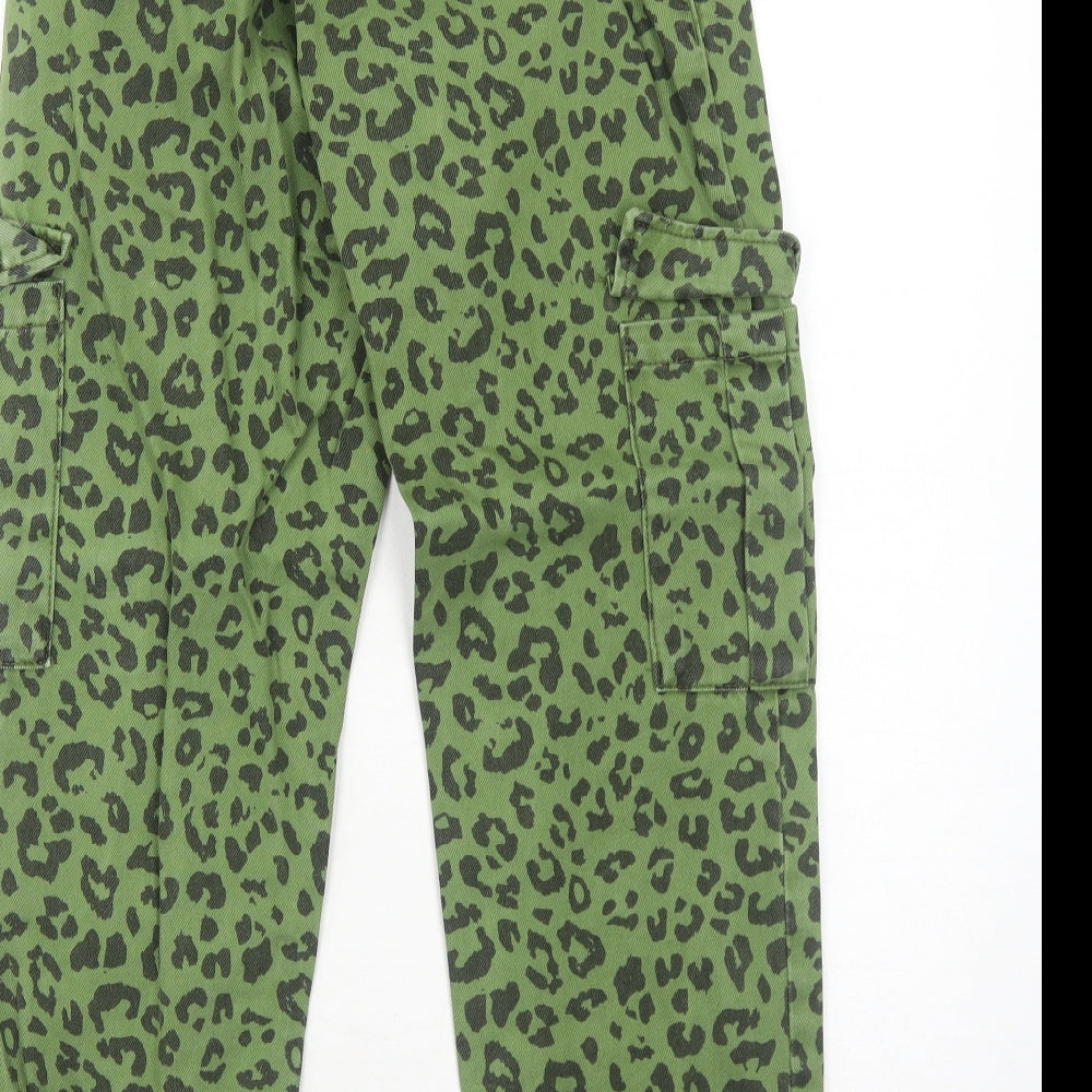 Bershka Womens Green Animal Print Cotton Tapered Jeans Size 6 Regular Zip - Leopard Pattern