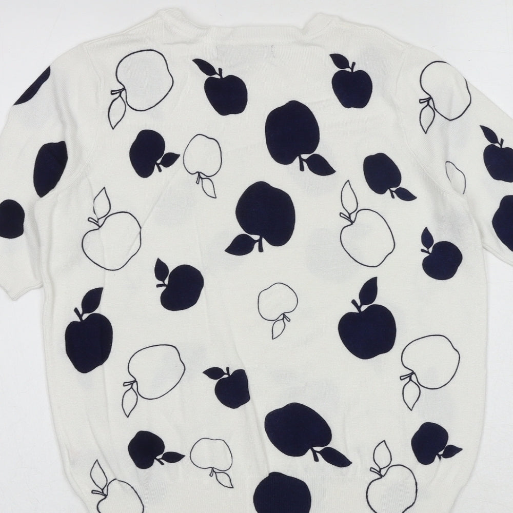 Marks and Spencer Womens White Round Neck Geometric Viscose Pullover Jumper Size 8 - Apple Print
