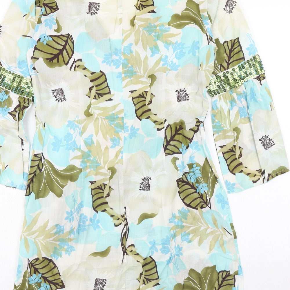 New Look Womens Blue Geometric Cotton A-Line Size 10 V-Neck Pullover