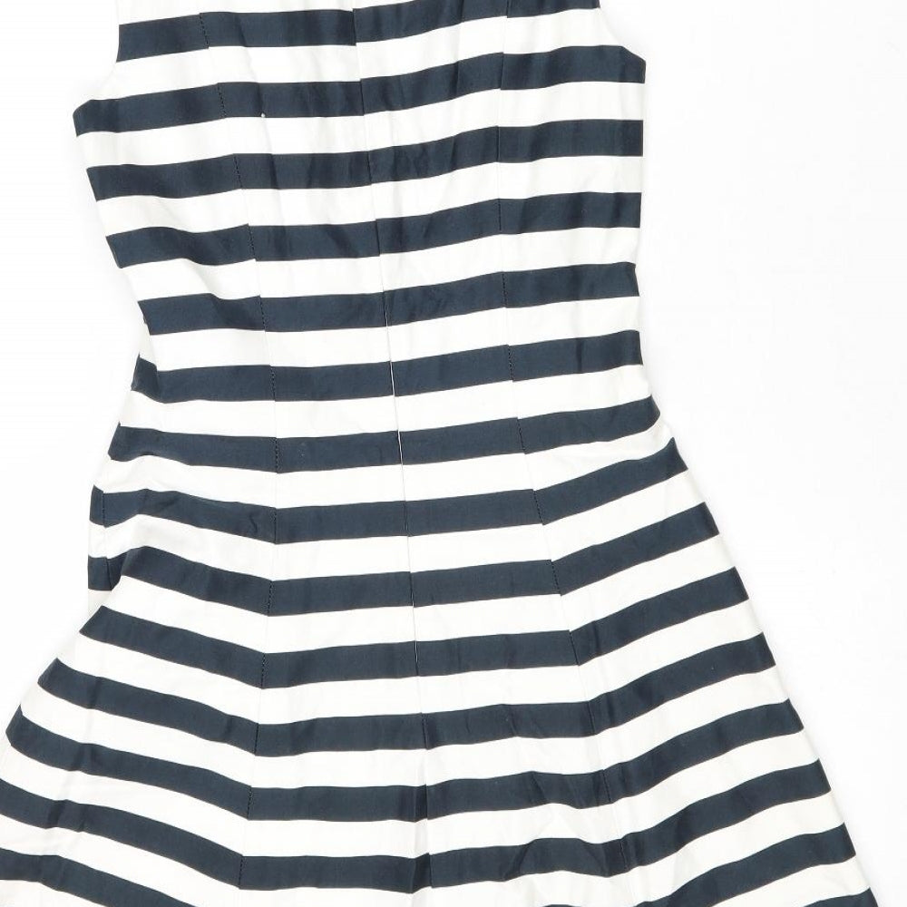 Zara Womens Blue Striped Cotton Fit & Flare Size XS Boat Neck Zip