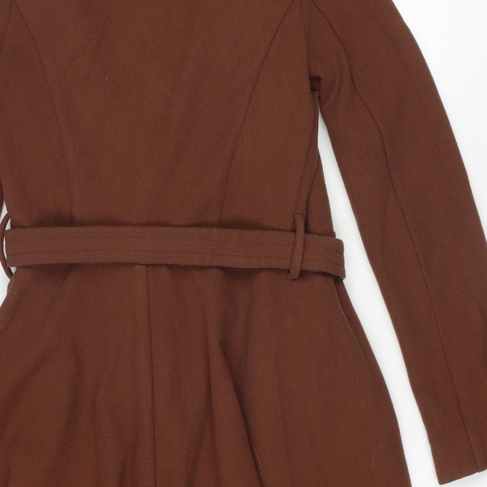 Oasis Womens Brown Overcoat Coat Size XS Tie
